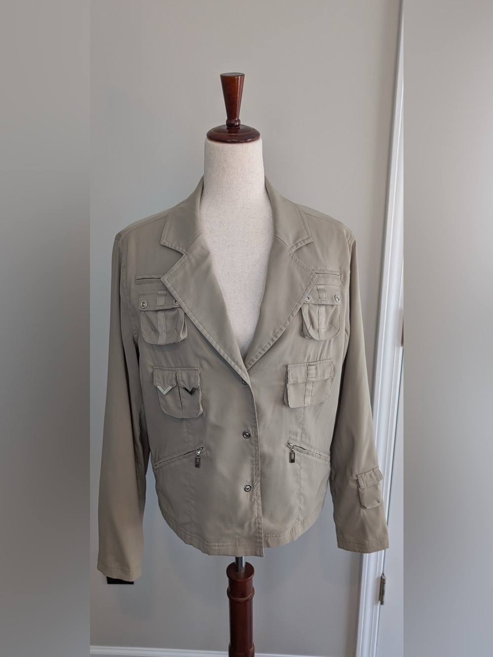 Jamie Sadock Women's Shacket Safari Snap Cargo Pockets Khaki Green Size Large